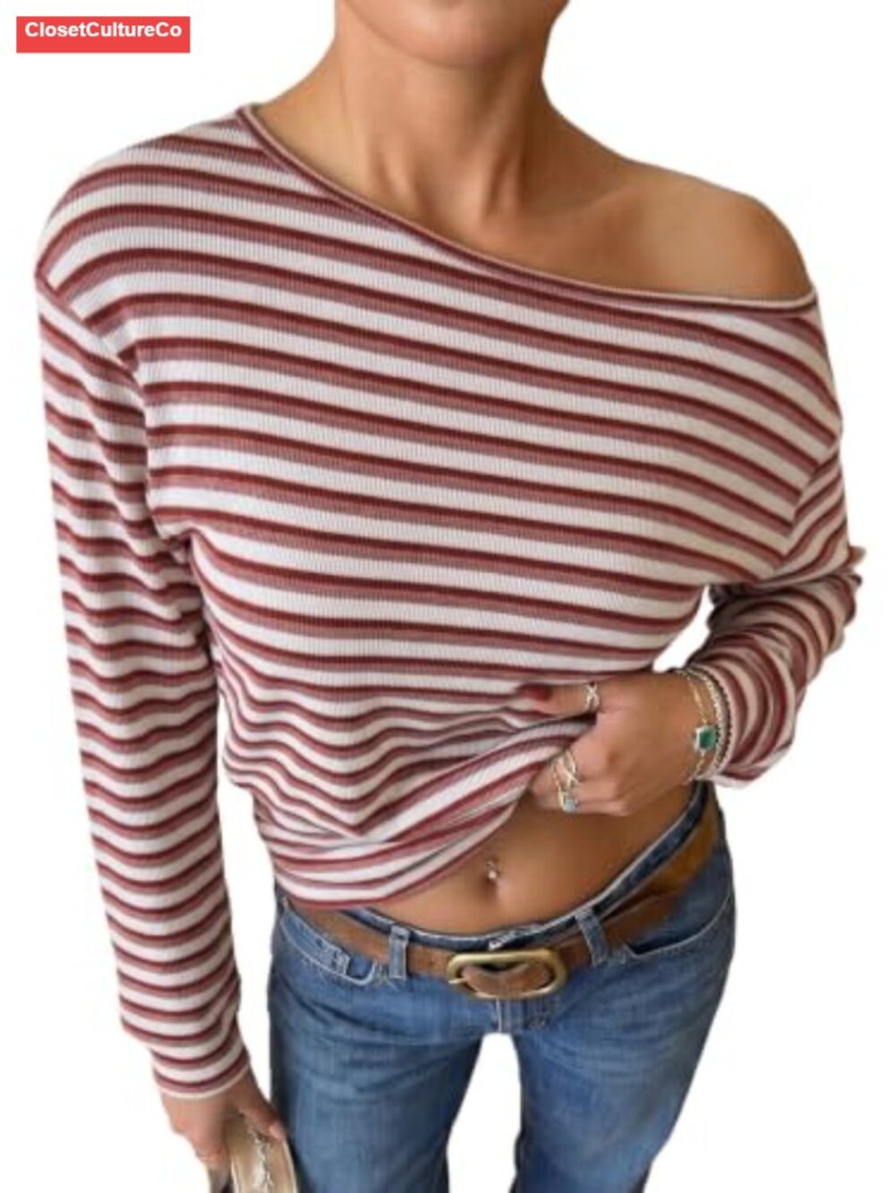 Striped Off Shoulder Crop Top Long Sleeve Rib Knit Blouse